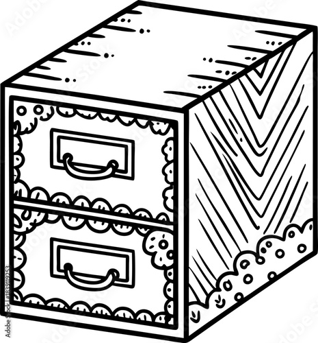 Vintage two drawer filing cabinet illustration with decorative lace edges and wood grain texture