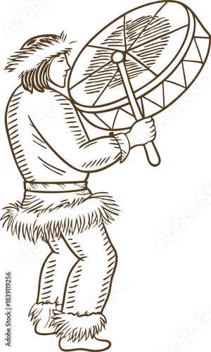 Inuit shaman drumming in traditional fur clothing, indigenous arctic ceremonial ritual illustration