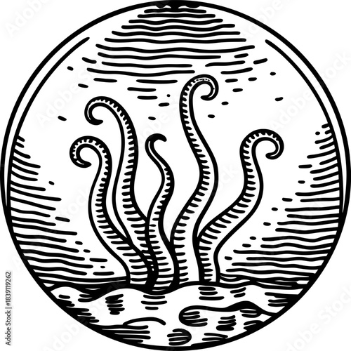 Tentacles emerging from circular ocean abyss, vintage monochrome marine mystery illustration
