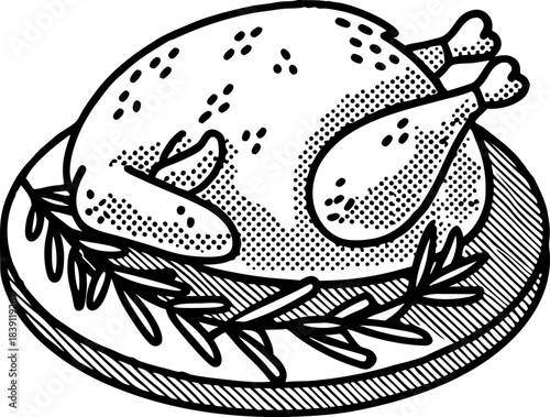 Roasted whole chicken on plate with herbs illustration, hand drawn vintage cooked poultry meal
