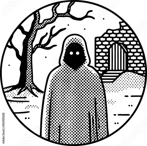 Mysterious hooded figure with glowing eyes near abandoned stone house and barren winter tree