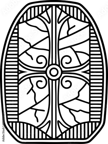Decorative abstract shield emblem with ornamental cross and branching line pattern