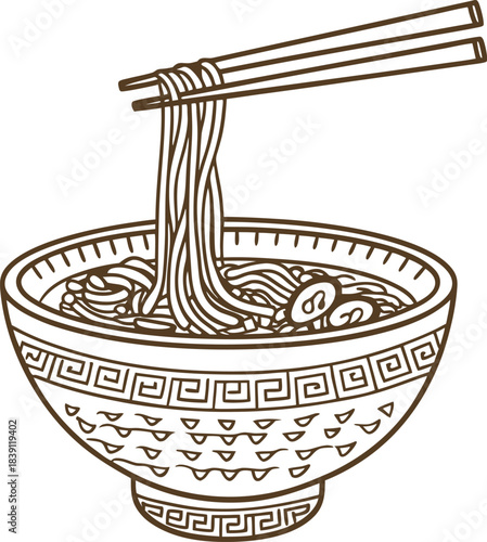Bowl of noodles with chopsticks asian noodle soup illustration, traditional patterned bowl line art