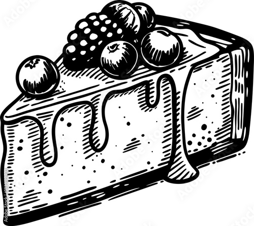 Cheesecake slice with dripping sauce, berries and detailed hand drawn dessert illustration