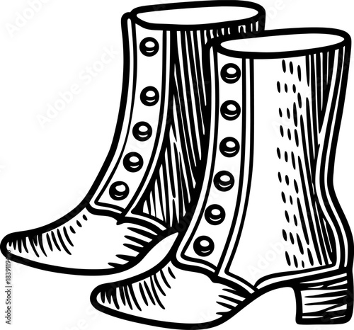 Victorian buttoned ankle boots illustration vintage engraved footwear design with short heels and ornate details