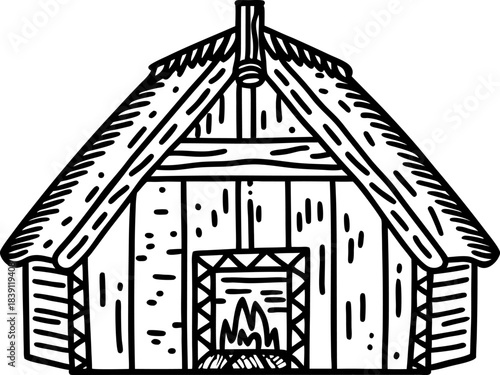 Rustic wooden cabin with thatched roof and fireplace, cozy hand drawn countryside house illustration