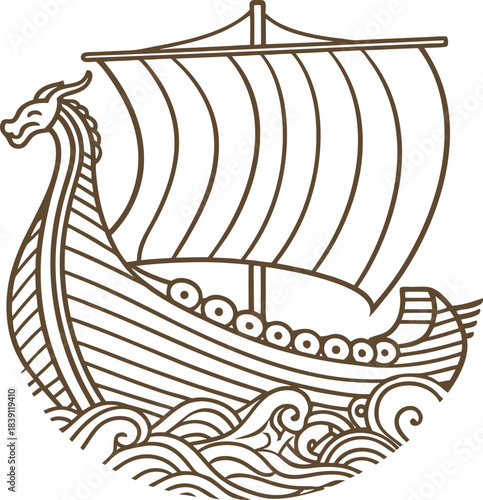 Viking longship with dragon prow sailing through ocean waves, ancient nordic seafaring exploration illustration