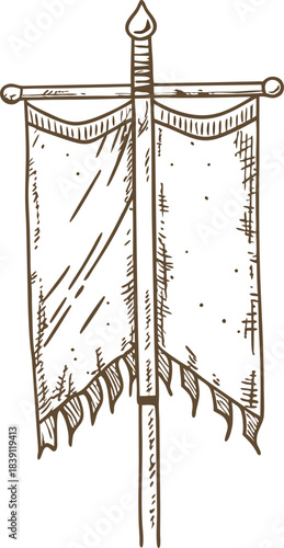 Medieval vertical banner on pole vintage hand drawn heraldic flag illustration with tattered cloth