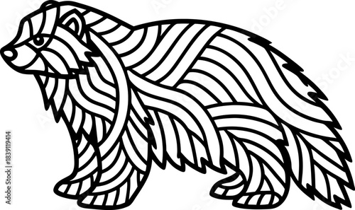 Abstract bear silhouette with decorative striped pattern stylized wild animal outline for coloring and design