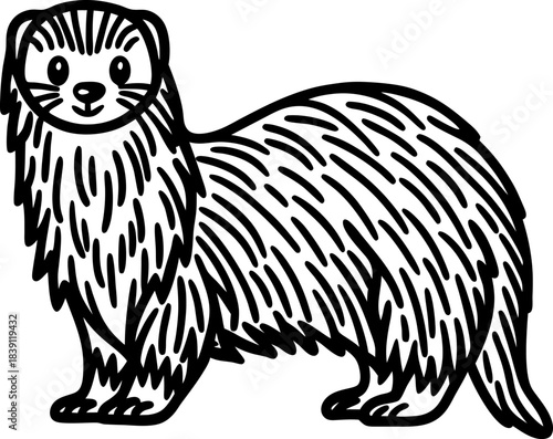 smiling ferret standing, cute long haired pet mustelid in simple black and white line art illustration
