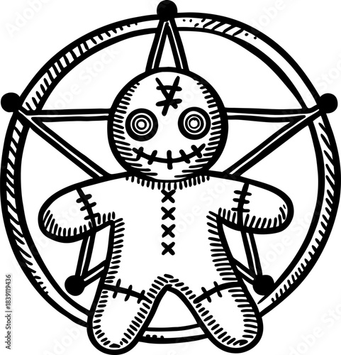 Voodoo doll with stitched details inside occult pentagram circle, mystic black and white magical symbol