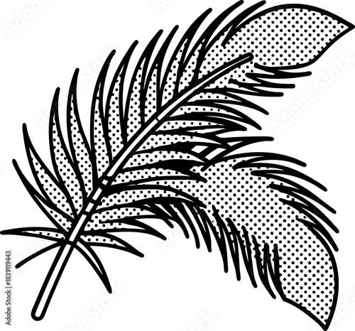 vintage halftone tropical palm leaves illustration retro botanical foliage design, black and white nature graphic
