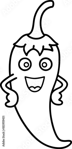 Happy chili pepper character outline for kids coloring page and educational activities