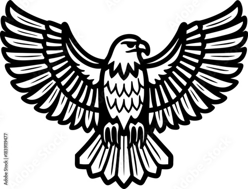 heraldic eagle emblem with spread wings, bold black and white bird symbol of strength and freedom