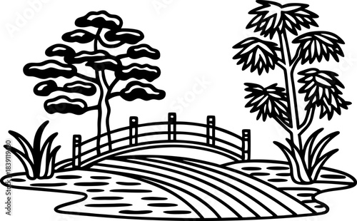 Curved garden bridge over small pond with decorative trees and ornamental plants illustration