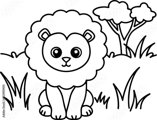 Cute lion coloring page for kids in savanna landscape with grass and trees, simple outline