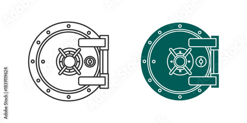 Circular vault door icon in outline and solid teal