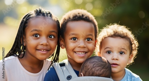 Three happy African American children and a baby in a carrier smiling outdoors in a park.