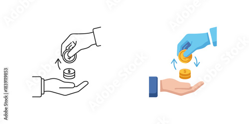 Hand giving coins to another hand with protective glove