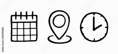 date time place hand drawn doodle icons illustration icon location clock calendar vector