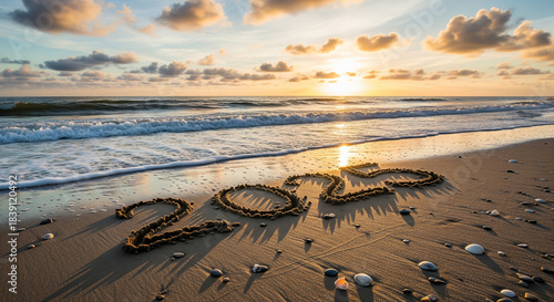 New year 2025 written in sand on a beach at beautiful golden hour sunset