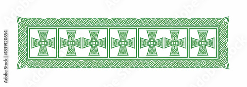 Celtic knotwork border featuring six intricate, detailed green crosses, ideal for Irish themed, religious, or decorative designs.
