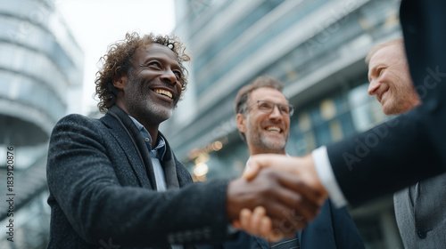 Business partnership concept. Two businessmen making handshake together to agree joint business and partnership.