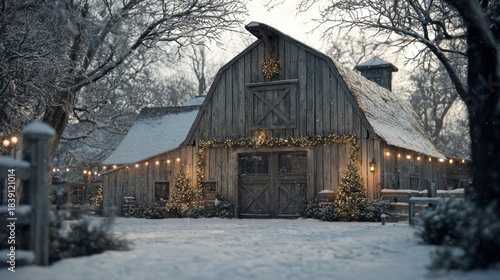 snowy barn decorated with Christmas garlands,
