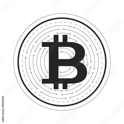 Digital bitcoin coin 2D line object. Modern finance with circuit lines round. Blockchain currency. BTC money. Internet crypto isolated clipart vector ink outline item. Monochrome spot illustration