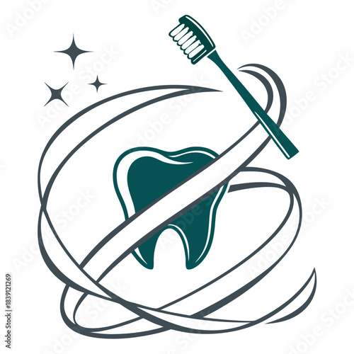 Stylized dental care logo featuring a clean tooth toothbrush and swirling lines symbolizing hygiene and oral health protection