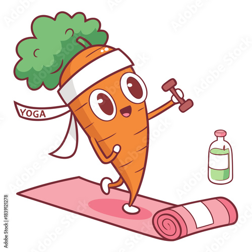 Cute cartoon carrot character exercising with a dumbbell on a yoga mat promoting healthy eating and fitness lifestyle concepts