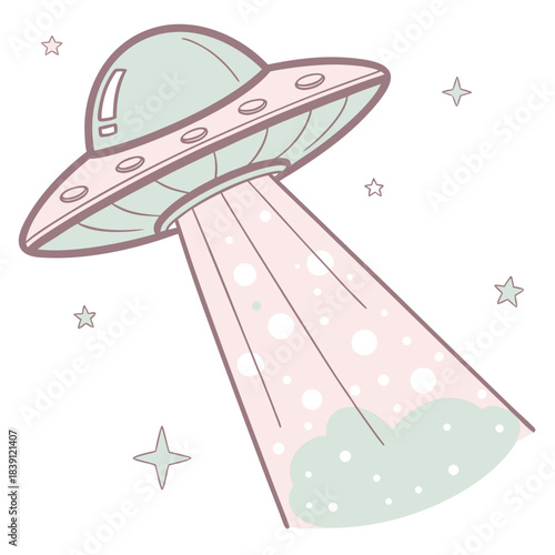 Cute pastel colored cartoon flying saucer abducting something with a soft light beam surrounded by simple stars on white background