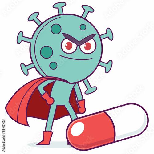 Cartoon coronavirus character dressed as a superhero standing triumphantly over a giant medical pill symbolizing viral resistance or cure concept