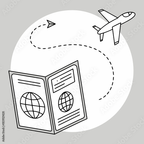 Simple line art icon depicting an open passport with an airplane and dashed flight path symbolizing international travel and vacation planning