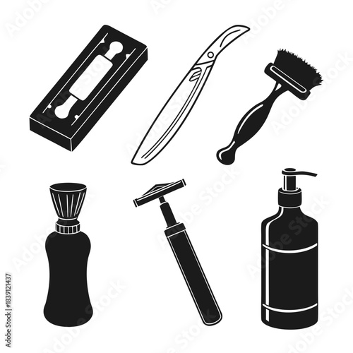 Collection of classic barber tools and shaving accessories including straight razor safety razor brush and soap in minimalist black silhouette style