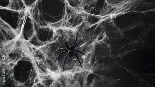Intricate Spiderweb: An intricate spiderweb stretches across the frame, with a solitary spider poised at its center, against the darkness, evokes feelings of suspense and nature's quiet power.