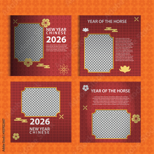 Four square Chinese New Year 2026 template featuring image placeholders, bold red layout, and horse themed decorations. Perfect for social media posts, promotions, festive marketing, greeting layouts,