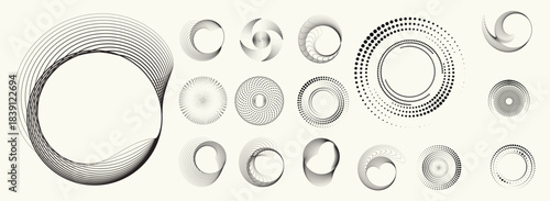 Linear, circular halftone dots circles set,  dotted ring and spiral circle shapes for modern design, technology, or motion graphic backgrounds. Dotted round elements, radial spirals, and vortex.