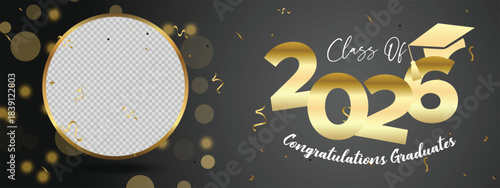 Gold and Black Class of 2026 Graduation Banner with Circle Frame Decoration