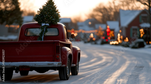 Fototapeta Naklejka Na Ścianę i Meble -  A festive red truck carries a Christmas tree home, navigating snowy streets adorned with twinkling holiday lights. It's a classic winter scene filled with holiday cheer.