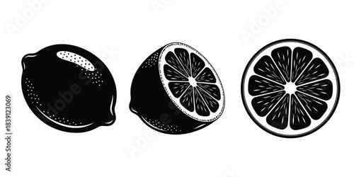 Black Silhouettes of Lemons and Slices citrus fruit