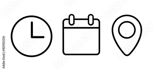 Date Time Place Line Icons Clock Location Calendar Vector icon set