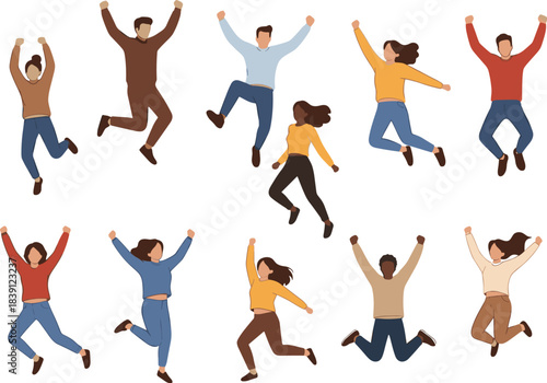 Large Diverse Vector Set of Happy Young People Jumping and Dancing, Illustrating Themes of Celebration, Freedom, Friendship, Teamwork, and Social Activities.