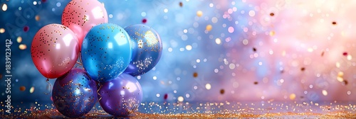 Panoramic Background of Celebration Balloons and Glittering Confetti