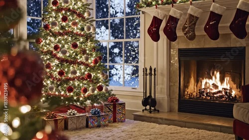 This warm and inviting interior scene captures the quintessential holiday spirit, featuring a beautifully decorated evergreen tree adorned with sparkling lights, festive red and silver ornaments, and 