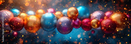 Panoramic View of Festive Colorful Spheres with Bokeh Lights