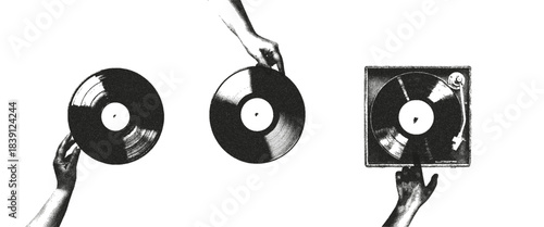 Trendy elements vinyl, record player and hands with photocopy effect. Grunge punk dotted stickers for collage, poster, print, music cove on an isolated background.
