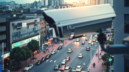 Outdoor surveillance camera on the street with office buildings. CCTV, security camera and traffic. Technology in smart city