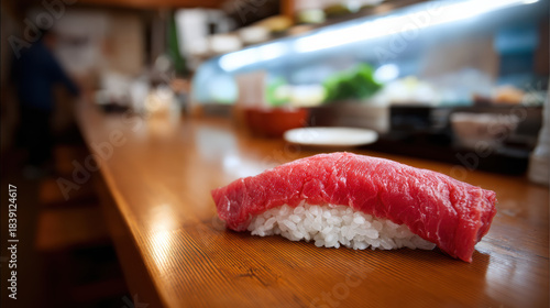 鮪寿司 一貫 closeup counter culture eatery fish freshness j sushi piece on wooden counter with soft background, appetizing and fresh
