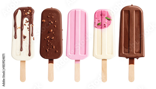 Variety of ice cream products chocolate bar vanilla soft serve pink ice cream bar on a transparent background